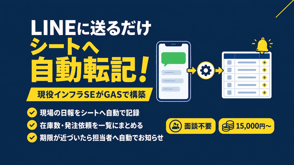 LINEの報告をスプレッドシートへ自動転記します 日報・在庫報告はいつものLINEで送るだけにできます イメージ1
