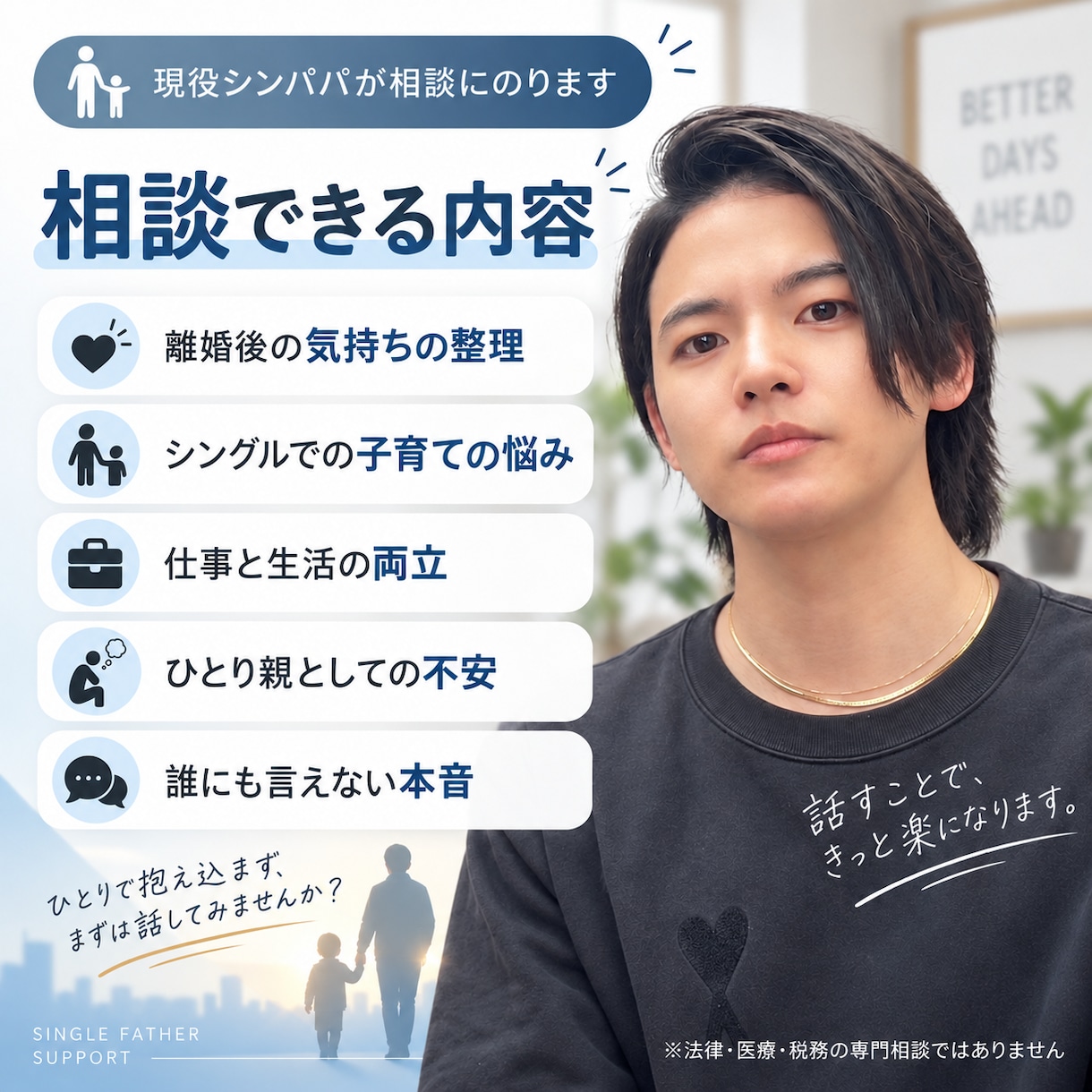 現役シンパパが離婚で悩んでいる方の相談を受けます 離婚を経験したシンパパがリアルな経験をもとにお話を聞きます イメージ2