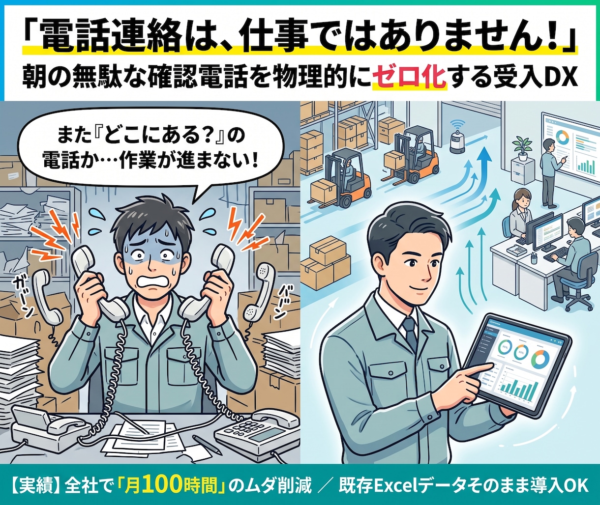受入管理で入荷、置き場所の電話確認をなくします 朝の確認電話をなくします！全社即時共有のスプレッドシート構築 イメージ3