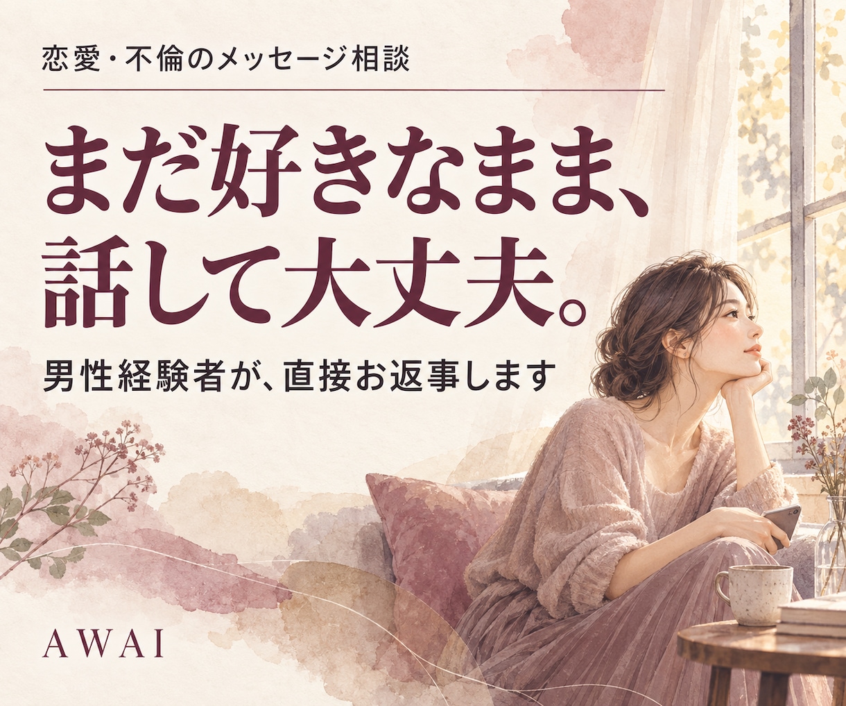 不倫の悩みを男性経験者がメッセージで聴きます まだ好きなまま、話して大丈夫。結論を急がせません イメージ1