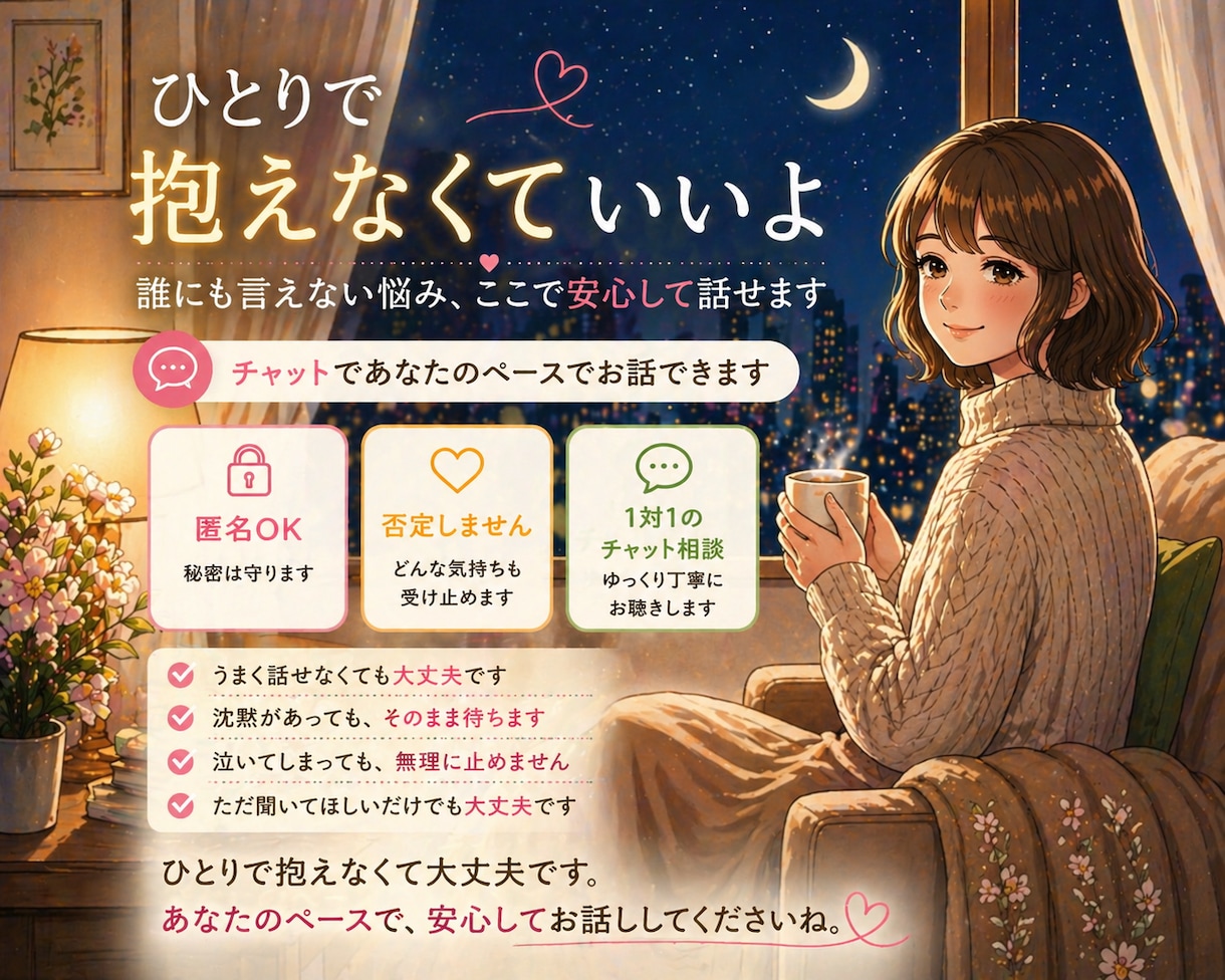心に寄り添う 誰にも言えない悩みを1時間聴きます 前向きになれなくても、そのままで大丈夫です イメージ1