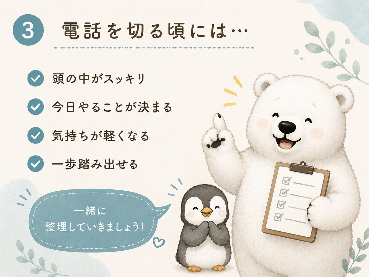 頭の中を整理して今日の一歩を見つけます ひとりで抱え込まなくて大丈夫。一緒に整理します。 イメージ4