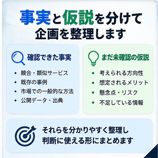 企画を公開情報で検証し判断材料を整理します 事実と仮説を分け、企画の次の一手まで整理 イメージ3