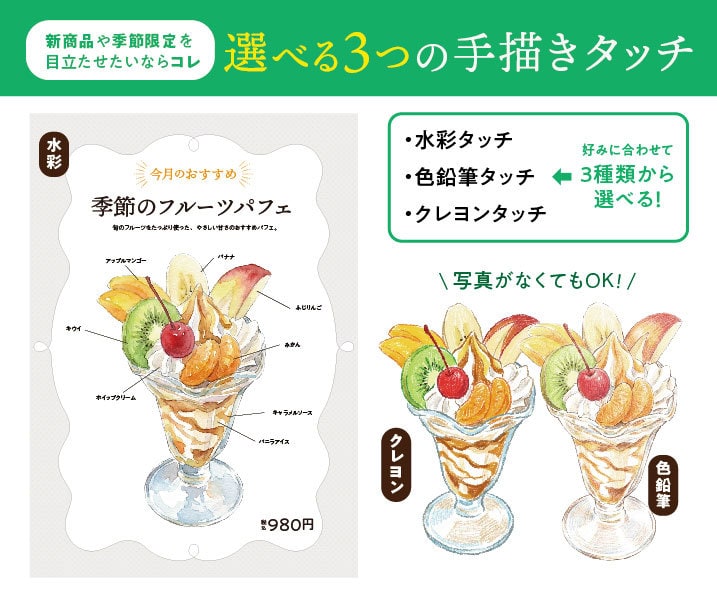 手描きイラストで作るカフェメニュー作成します 水彩・クレヨン・色鉛筆から選べる！ イメージ1