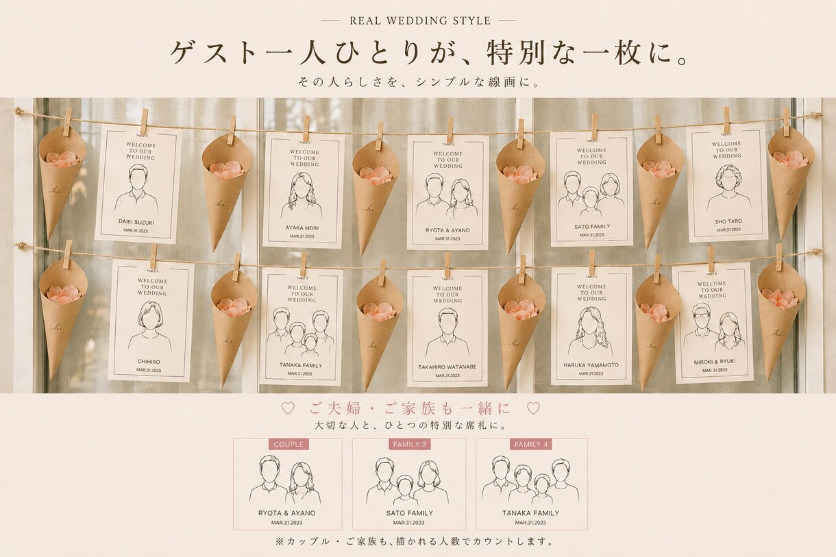 お写真からゲスト線画席札を作ります 一人ひとりを特別な線画席札に仕上げます イメージ3