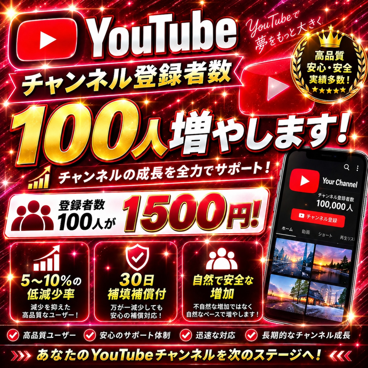 YouTube登録者数100人増やします 10%程度の減少率|30日補填保証|視聴者・再生回数増加支援 イメージ2