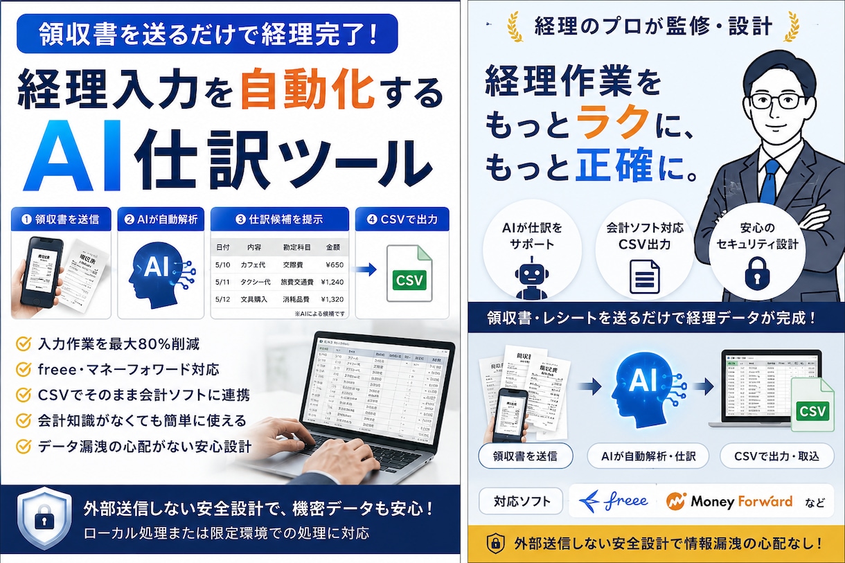 実務経験者監修！領収書を送るだけでAIが仕訳します freee・マネフォ等への入力業務を8割削減します イメージ1