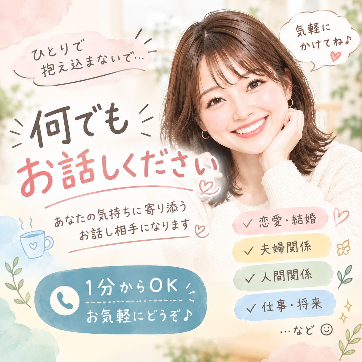 楽しい話・悩み相談全てお聞きします とにかく聞いてほしい！そんな気持ちにそっと寄り添います イメージ1