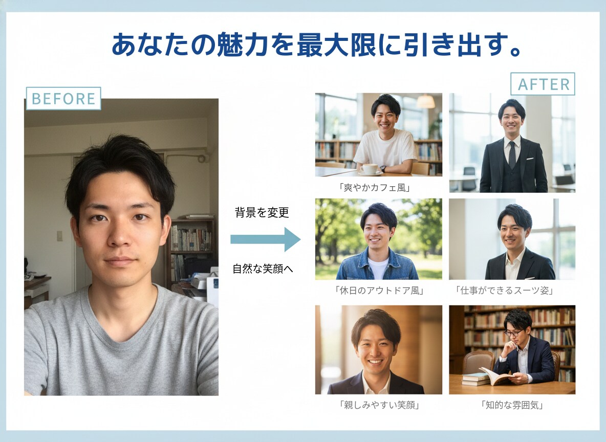 マッチングアプリのプロフ写真、劇的に変えます "いいね"が止まらない。1枚の平凡な写真→魅力的な写真５枚に イメージ5