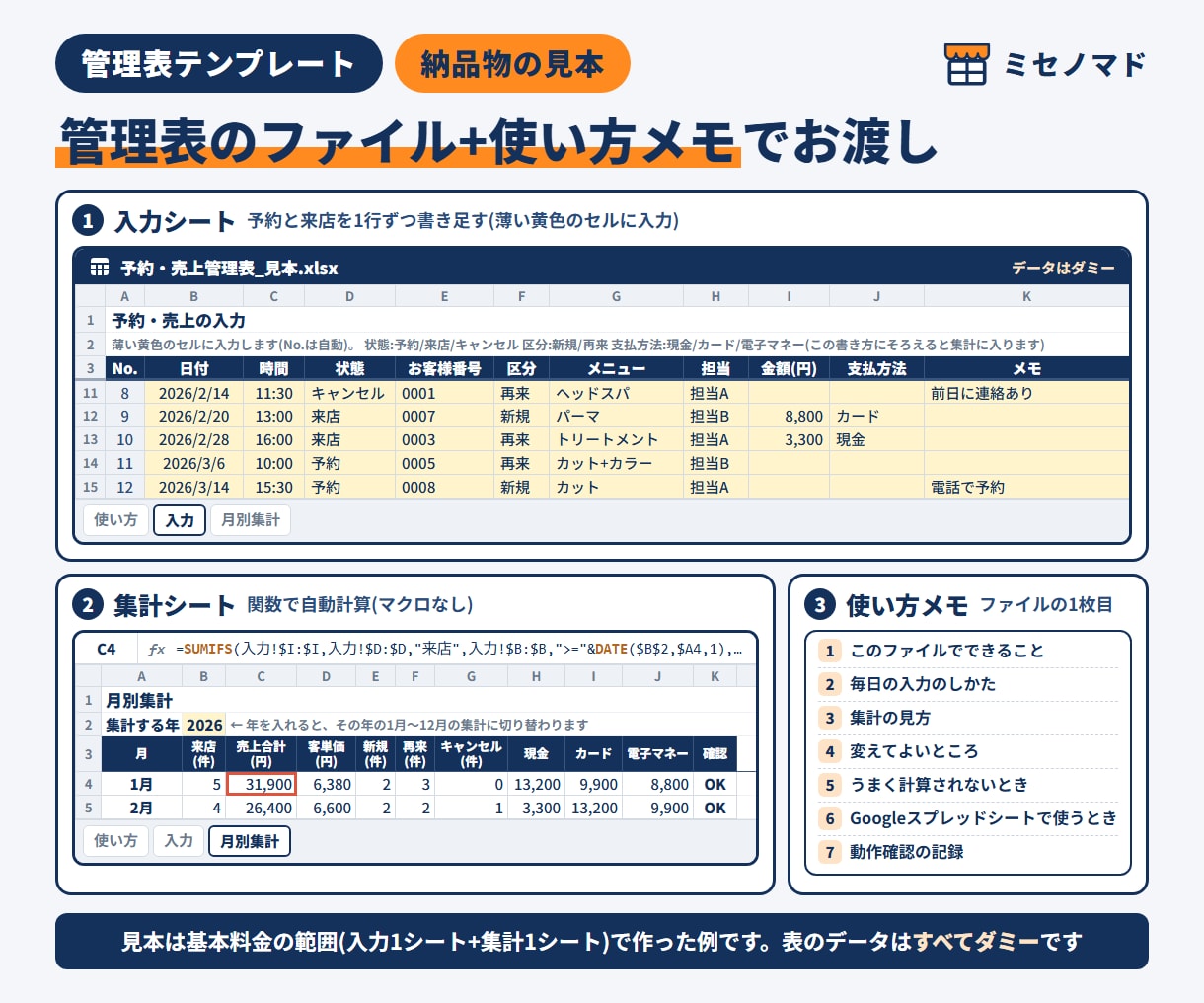 管理表をExcel・スプレッドシートで作ります 予約・顧客・在庫・売上の管理に｜関数だけ・使い方メモつき イメージ3