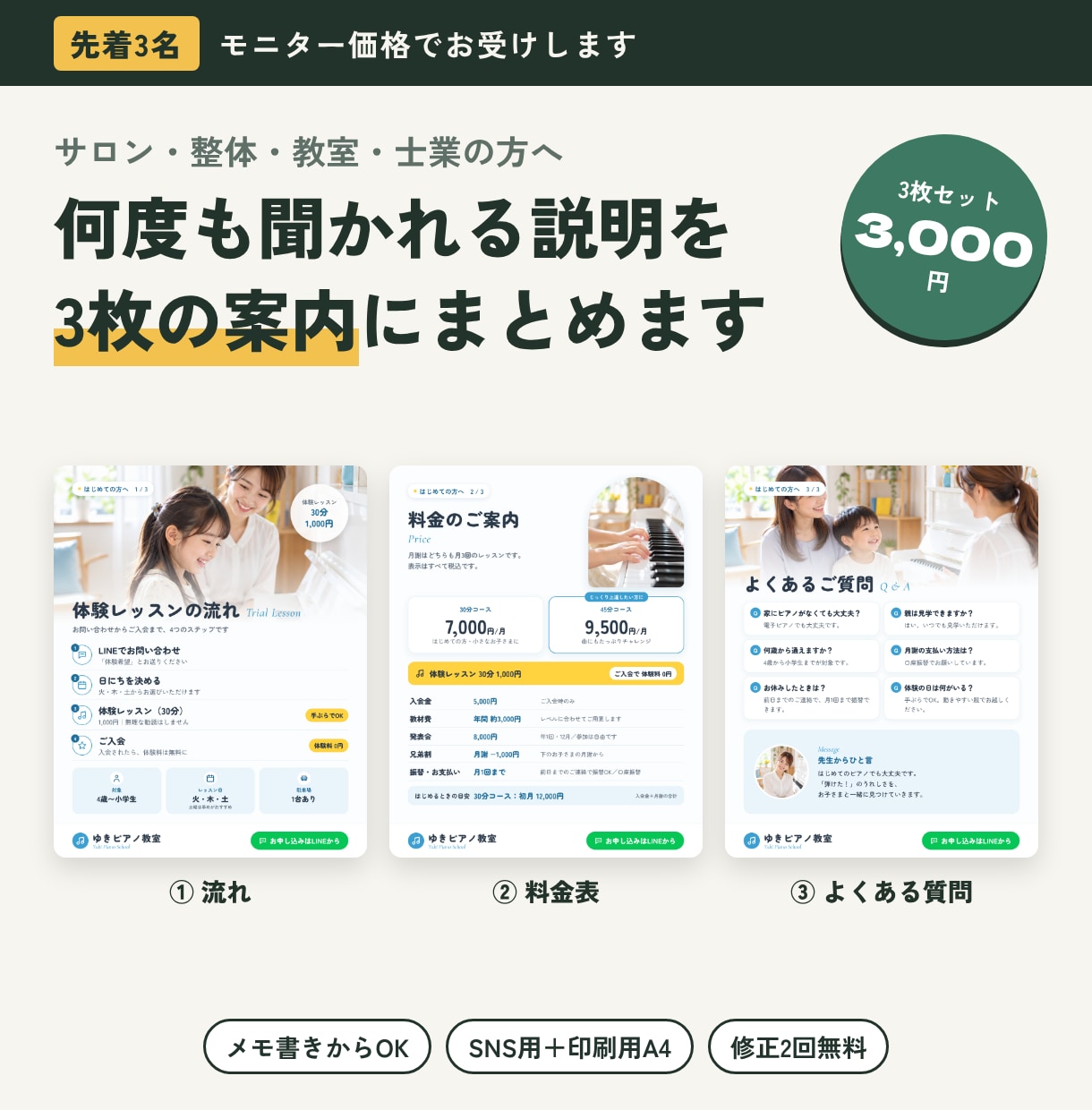 何度も聞かれる説明を3枚の案内にまとめます 【モニター価格】流れ・料金・質問の3枚セット イメージ1