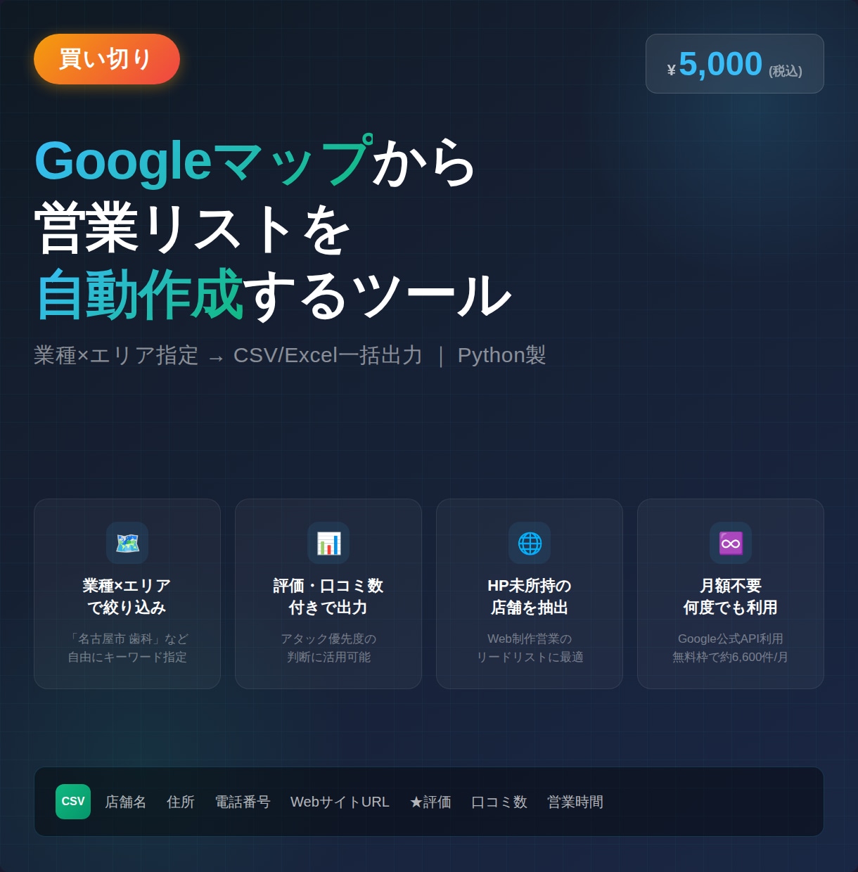 Googleマップから営業リストを自動作成します 月額ツール不要。買い切りで何度でも使えるリスト作成ツール イメージ1