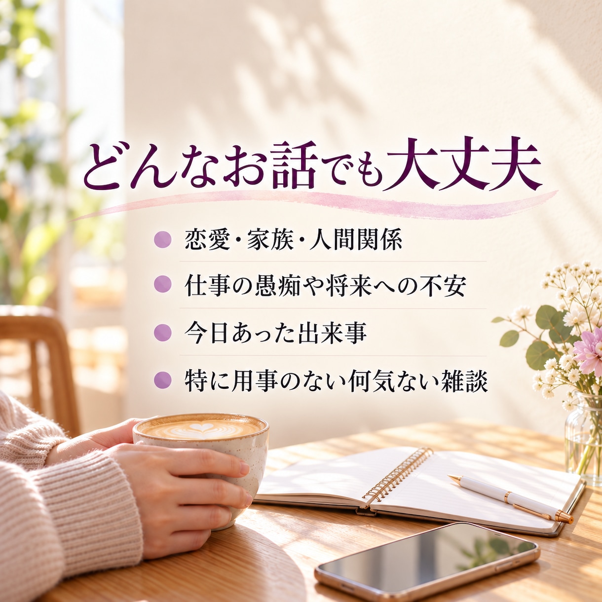 1人で抱えない1ヶ月★あなたの感情を優しく整えます 愚痴・恋愛・人間関係・何気ない日常までチャットでお聞きします イメージ3
