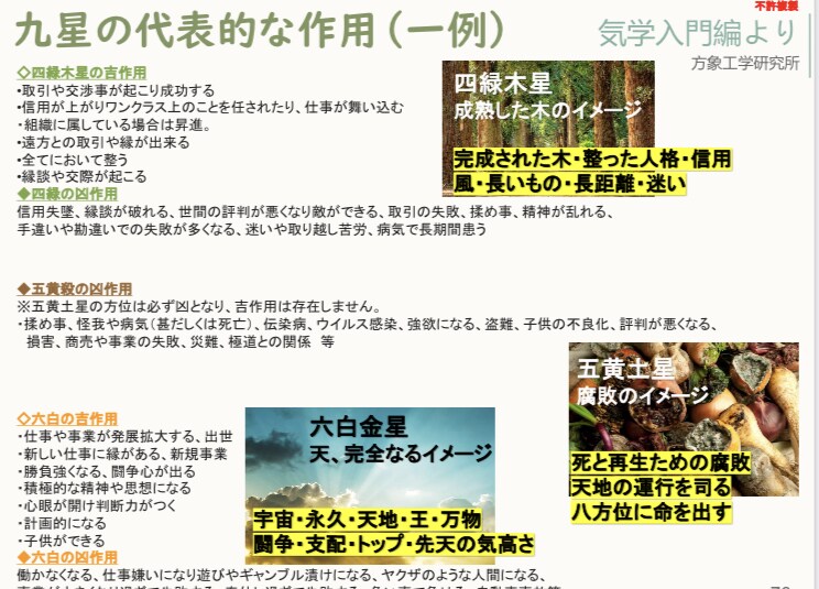 気学テキスト中級編。九星の作用と特徴を解説します 方位を取った後に何が起こるか予測できるようになります。 イメージ3