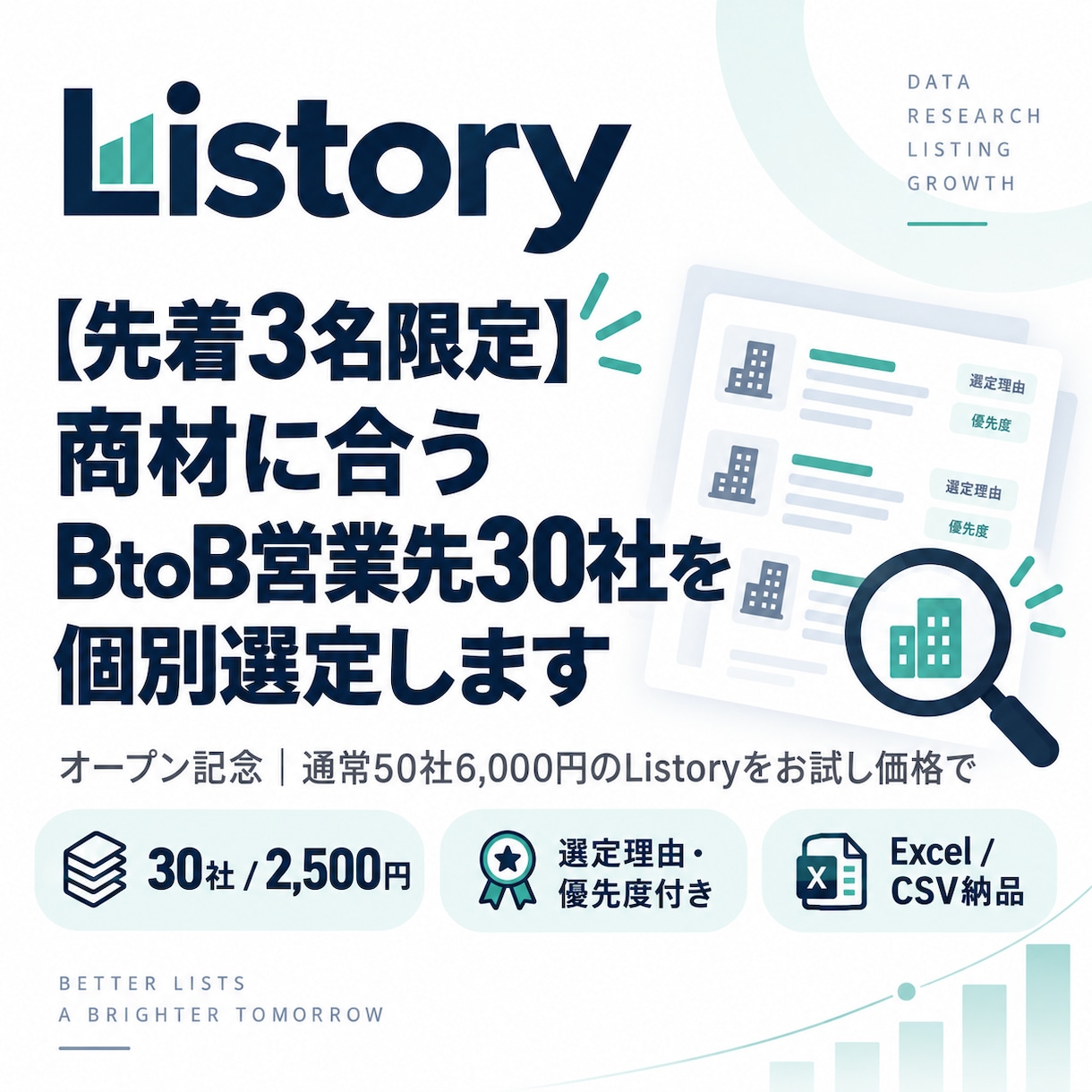 先着3名限定！商材に合う30社を選定します オープン記念/通常50社6,000円のListoryをお試し イメージ1