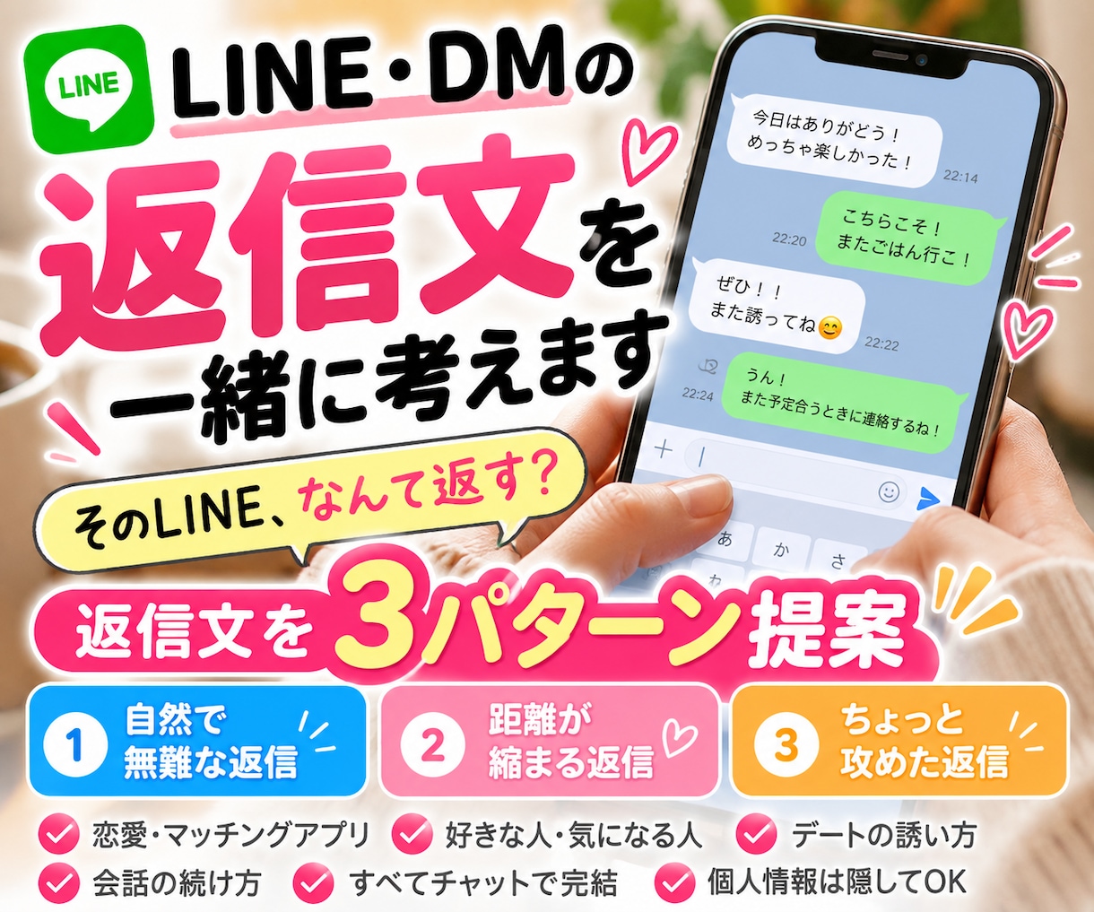 LINE・DMの返信文を一緒に考えます 好印象な返信・脈あり返信を3パターン提案します イメージ1