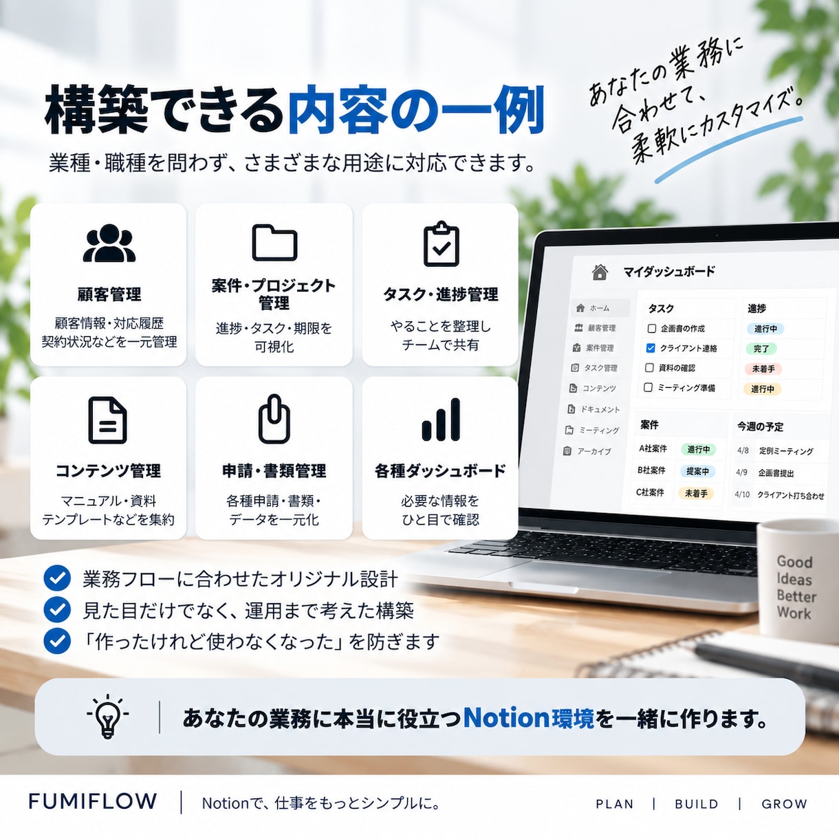 要件に適した最適なNotion環境を構築します 最高水準のカスタム化あなたのビジネスを次のレベルへ導きます。 イメージ4