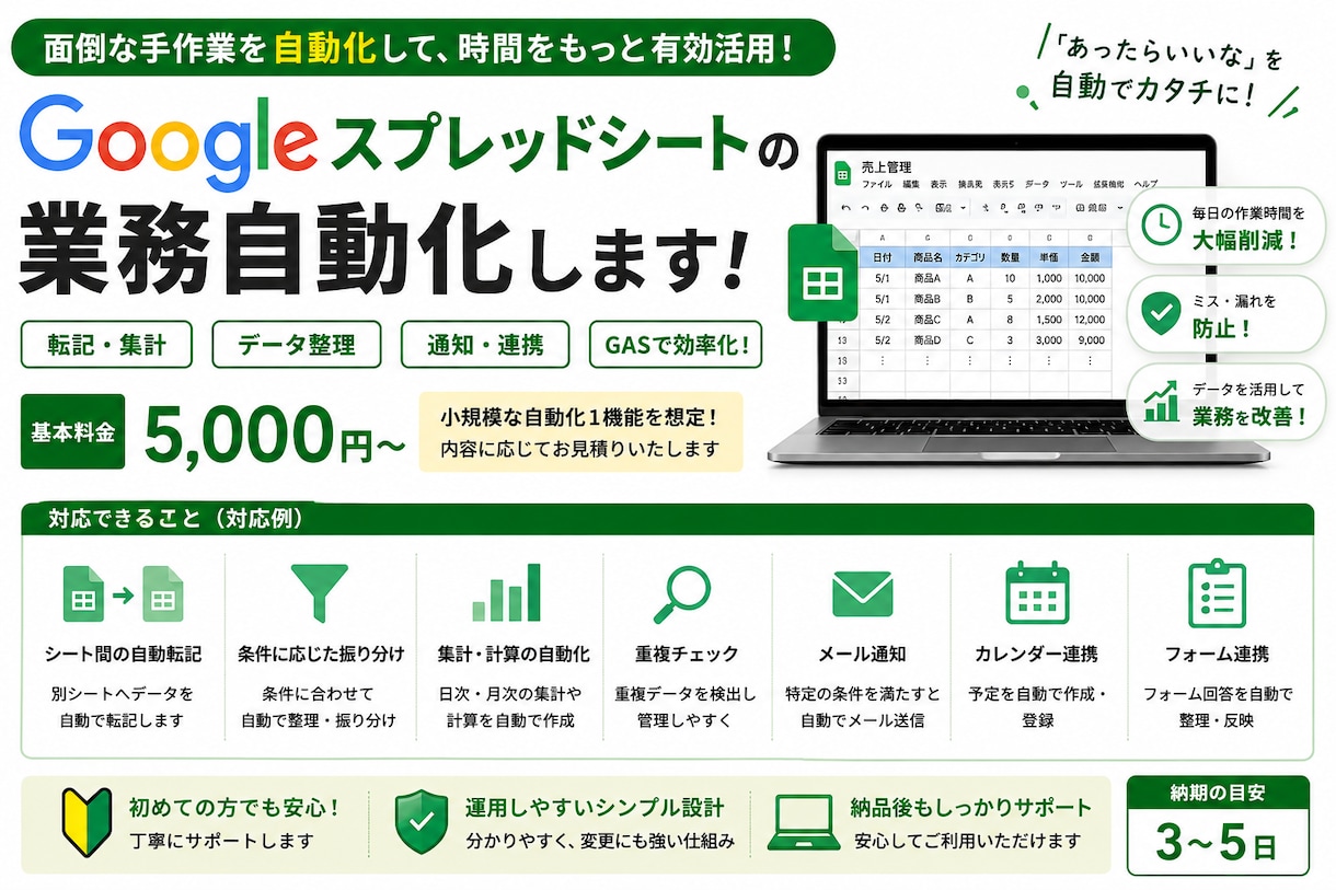 Googleスプレッドシートの手作業を自動化します 転記・集計・通知・カレンダー連携などをGASで効率化します イメージ1