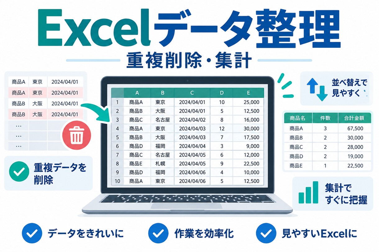 Excelのデータ整理をしますます 重複削除・並べ替え・表記統一・数量合算まで丁寧に対応します イメージ1