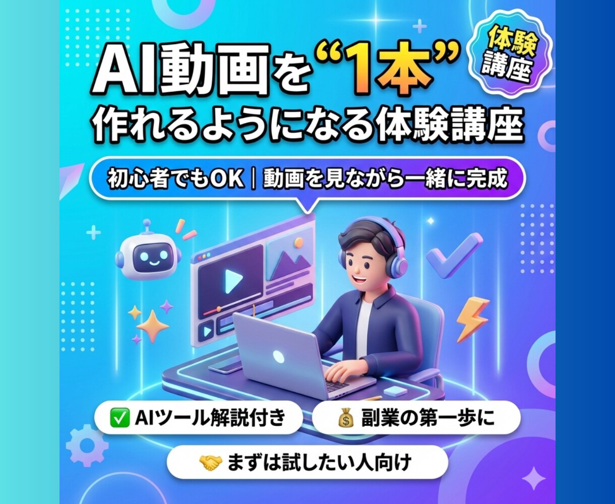 AI動画を1本作れるようになる体験講座になります ２児のママからノマドへ｜副業に直結するAI動画制作講座 イメージ1