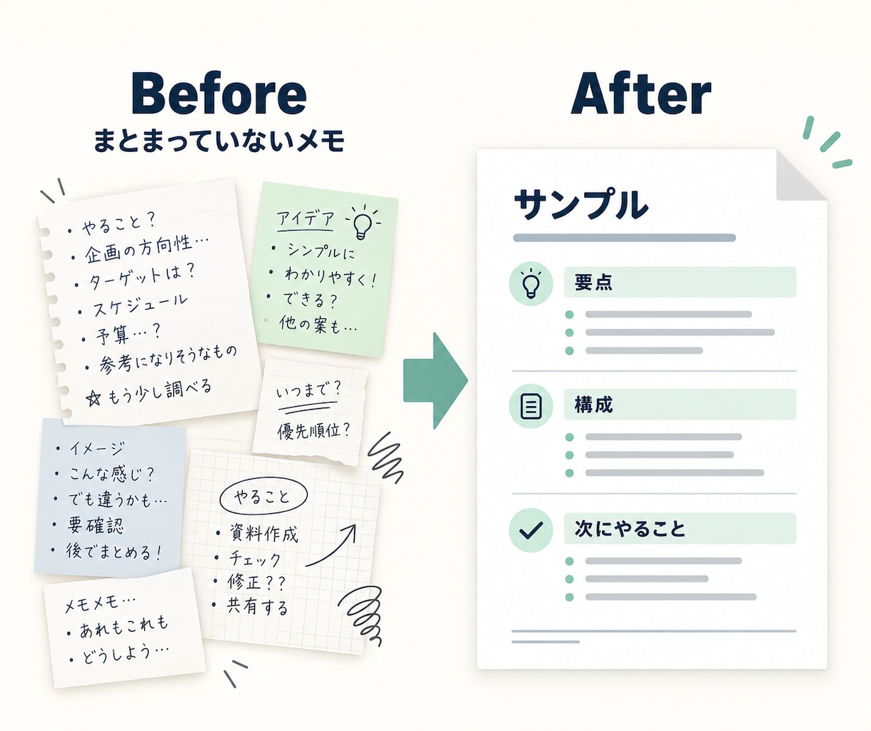 文章・メモを「使える1枚」に整理します 要点と次の行動が見える文書＋AI依頼文を納品 イメージ2