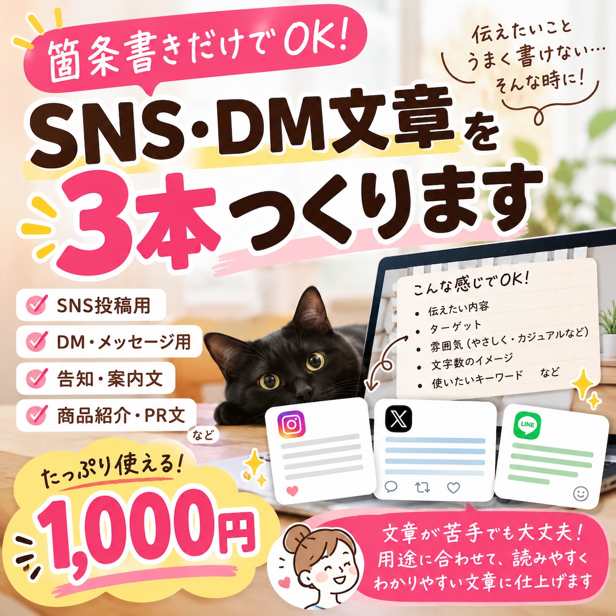 箇条書きからSNS・DM文章を3本作ります 伝えたいことを送るだけ！投稿やDMの文章作りをお手伝い イメージ1