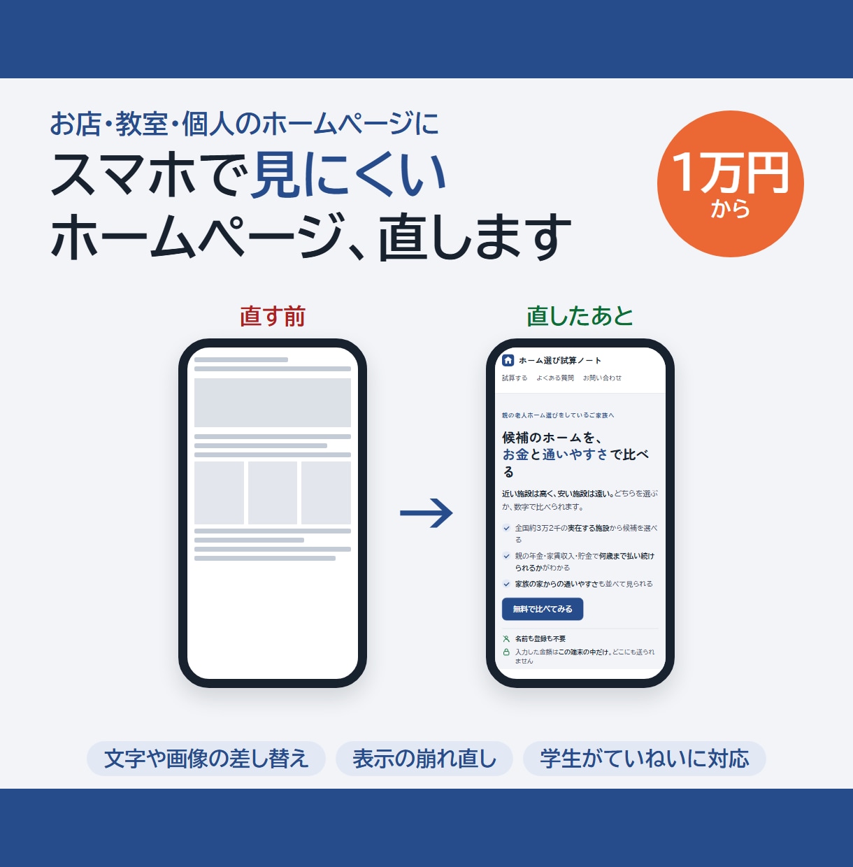 スマホで見にくいホームページを見やすく直します 文字や画像の差し替え・表示の崩れを、学生がていねいに修正 イメージ1