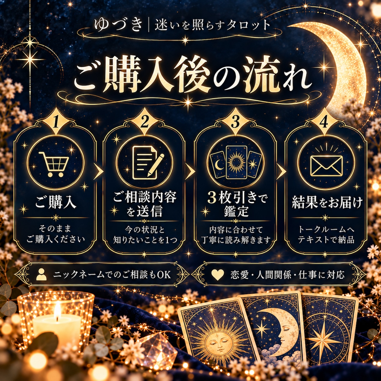 お悩み1つをタロット3枚で丁寧に読み解きます 恋愛・人間関係・仕事｜今の状況と次の一歩をお伝えします イメージ4