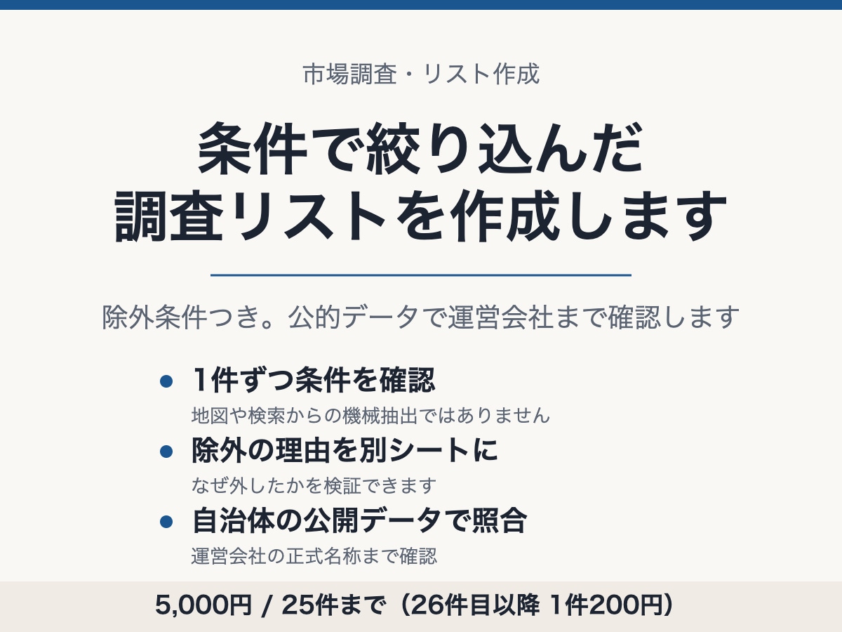 条件で絞り込んだ調査リストを作成します 除外条件つき。公的データで運営会社まで確認します イメージ1