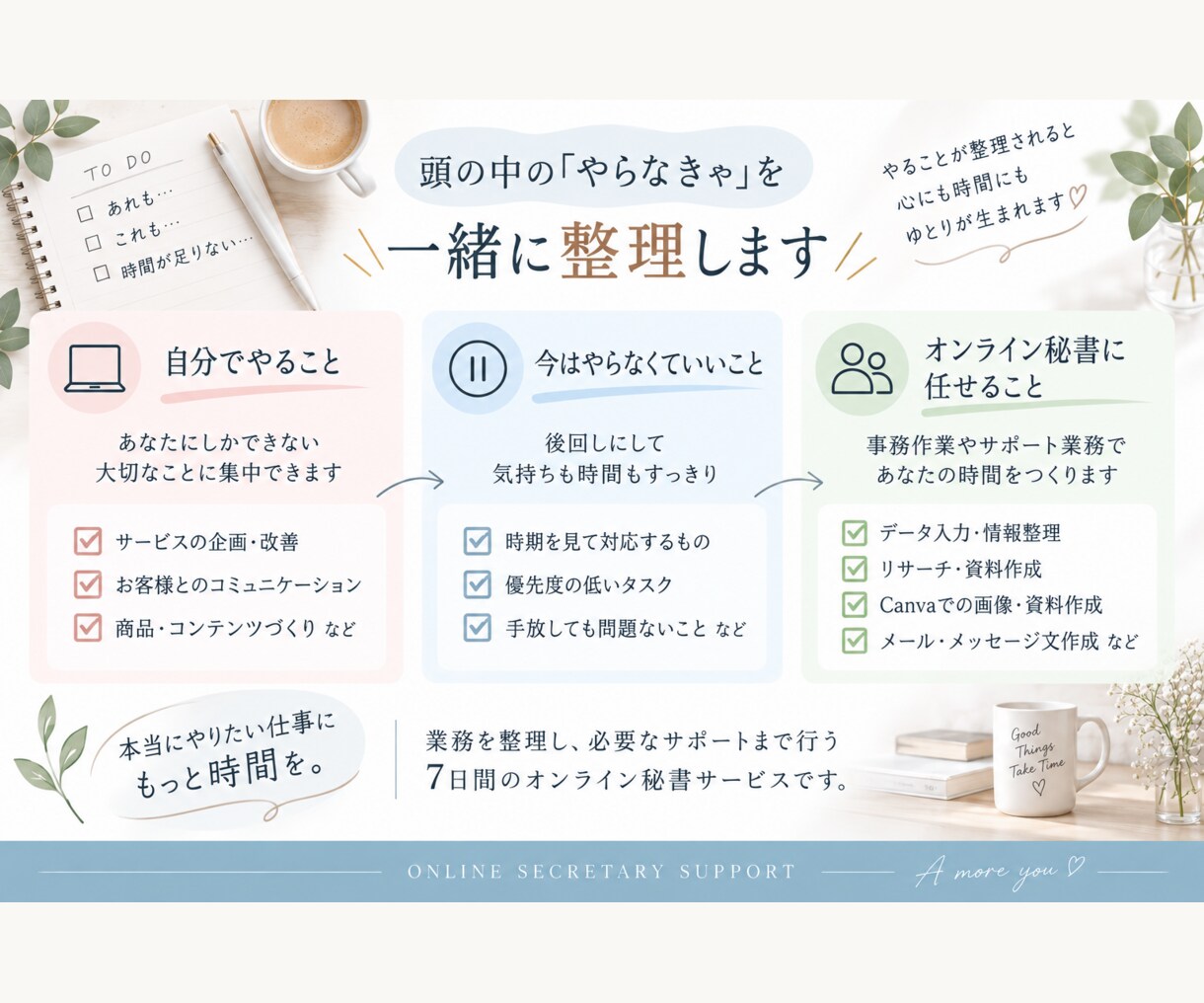 女性個人事業主さまの業務を一緒に整理します 「やらなきゃ」を整理して、見通しのある毎日へ イメージ2