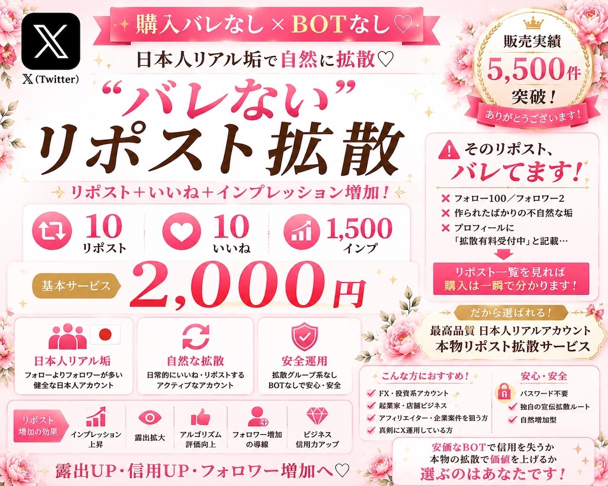 X日本人リアル垢リポスト+いいね+インプ増加します 購入バレなし×BOTなし×最高級高品質垢にてリポスト拡散！ イメージ1