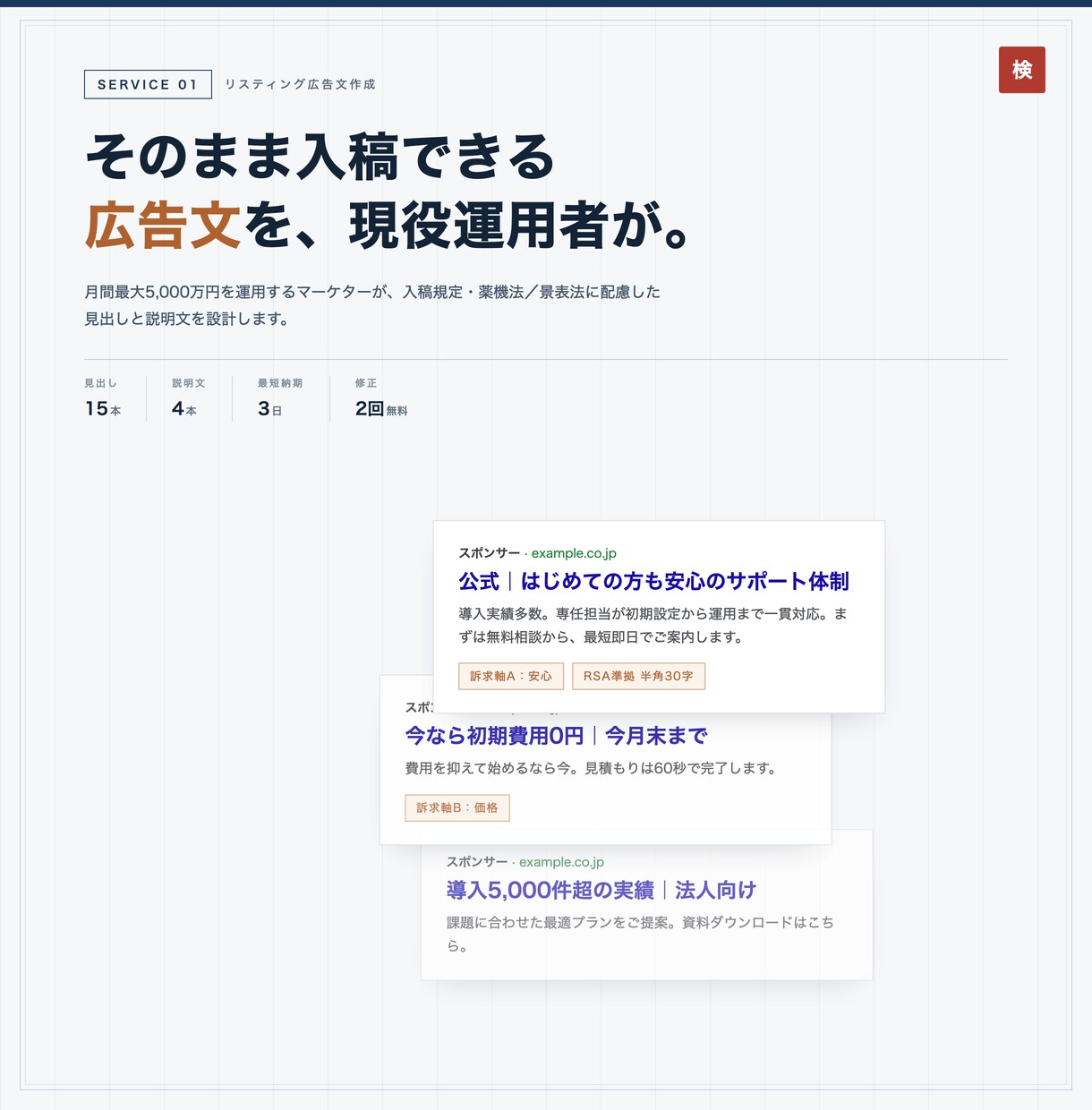 現役運用者がリスティング広告文を作成します 月5,000万円運用経験者が見出し・説明文を設計します イメージ1