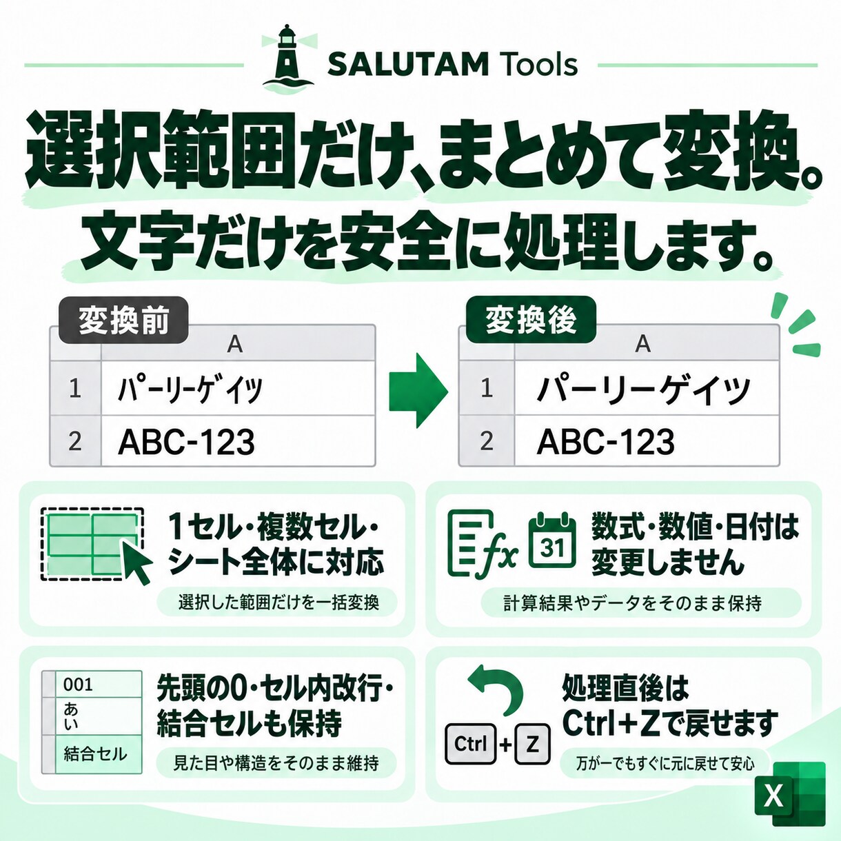 Excelの半角カナを全角カナへ一括変換します 選択範囲だけまとめて変換。数式・数値・日付はそのまま イメージ2