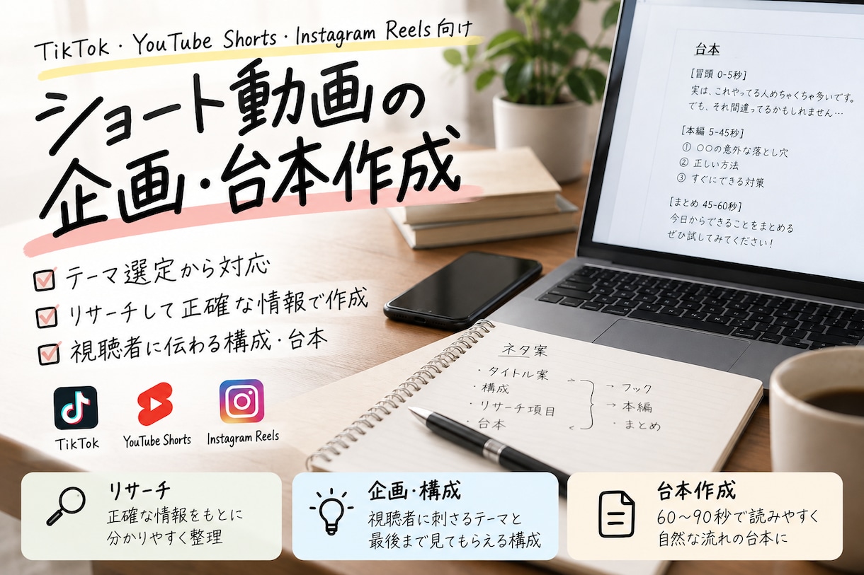 ショート動画の企画・台本を作成します リサーチから企画・構成・台本まで対応します イメージ1