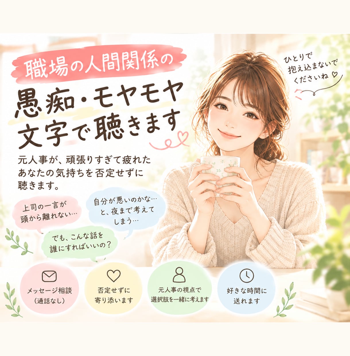職場の人間関係の愚痴・モヤモヤ、文字で聴きます 元人事が、頑張りすぎて疲れたあなたの話を否定せずに聴きます イメージ1