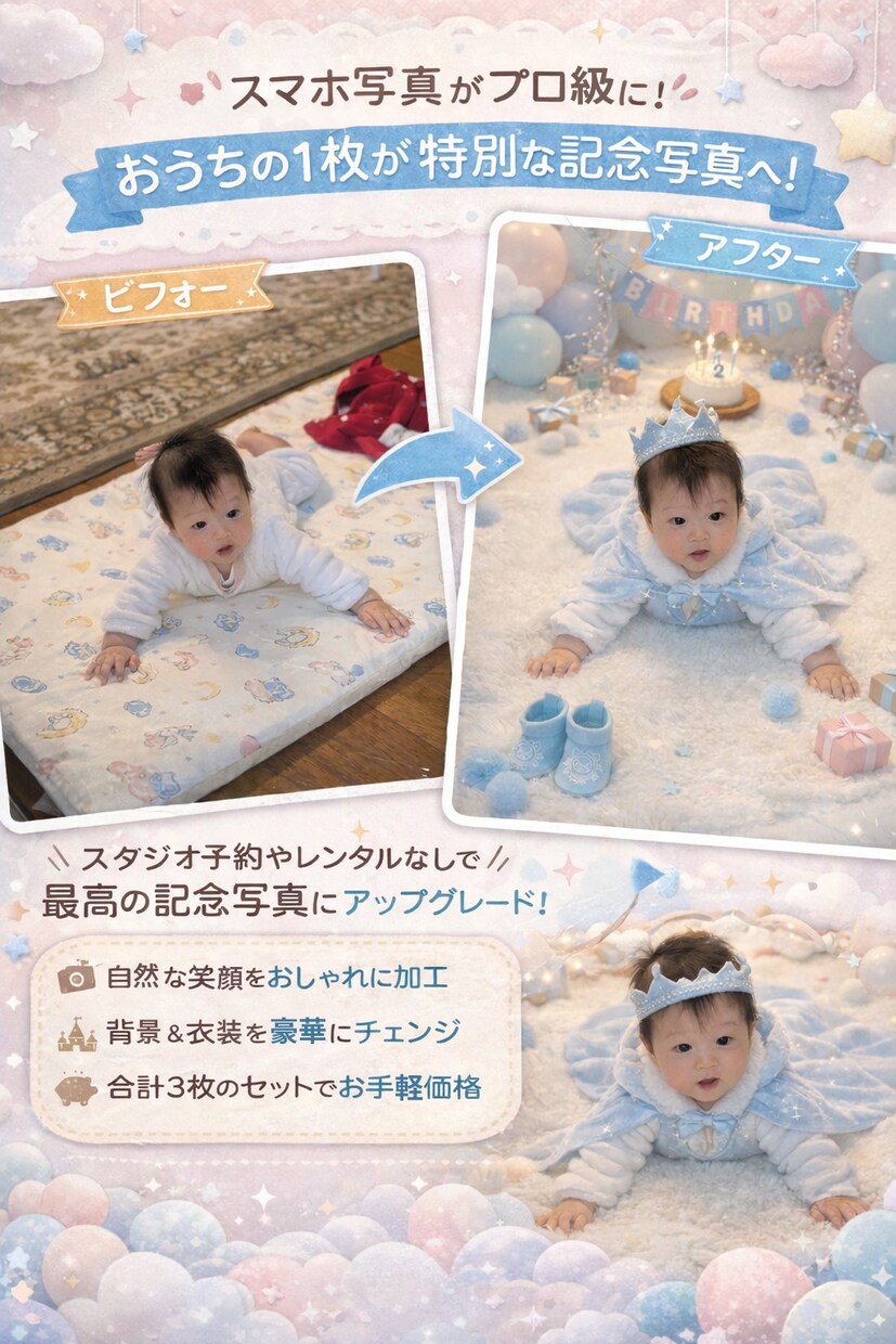 赤ちゃんの記念フォト作成します ハーフバースデー・1歳誕生日に。背景・衣装も自由自在！ イメージ2