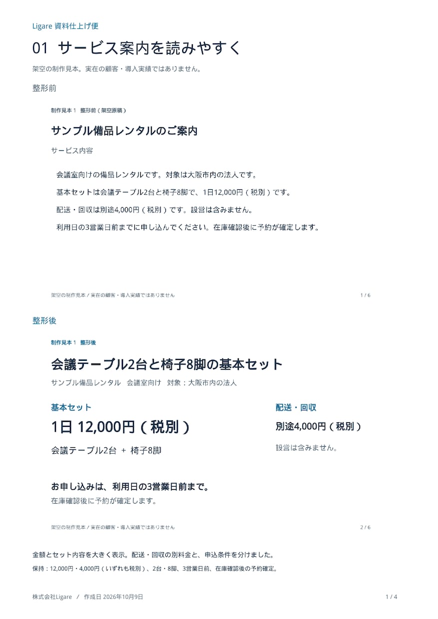 既存パワポ３枚を読みやすく整えます 原稿そのまま、余白・配色・図表を整理します イメージ2