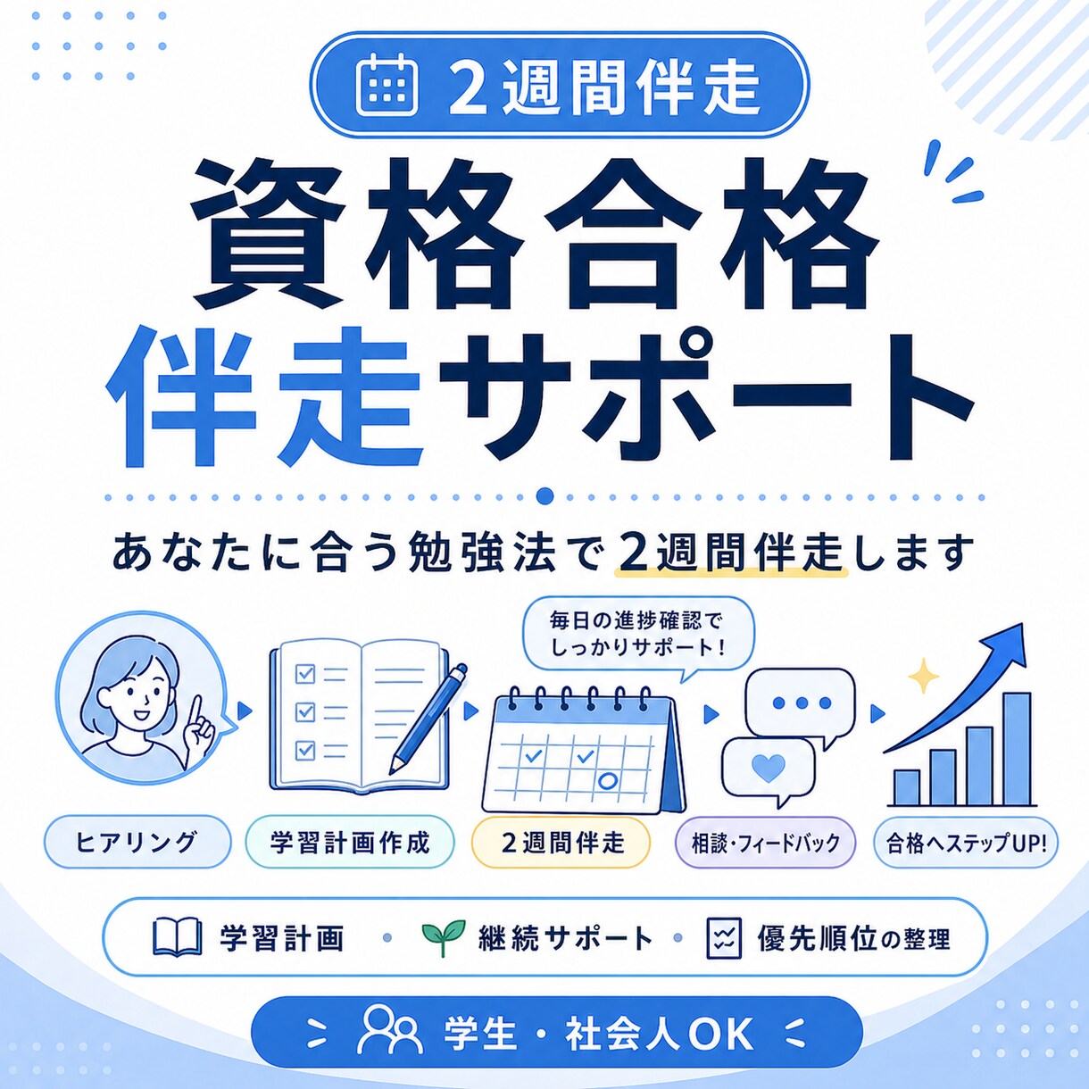 資格合格サポート｜あなたに合う勉強法で伴走します あなたに合う勉強法で、合格までの流れを一緒に2週間伴走します イメージ1