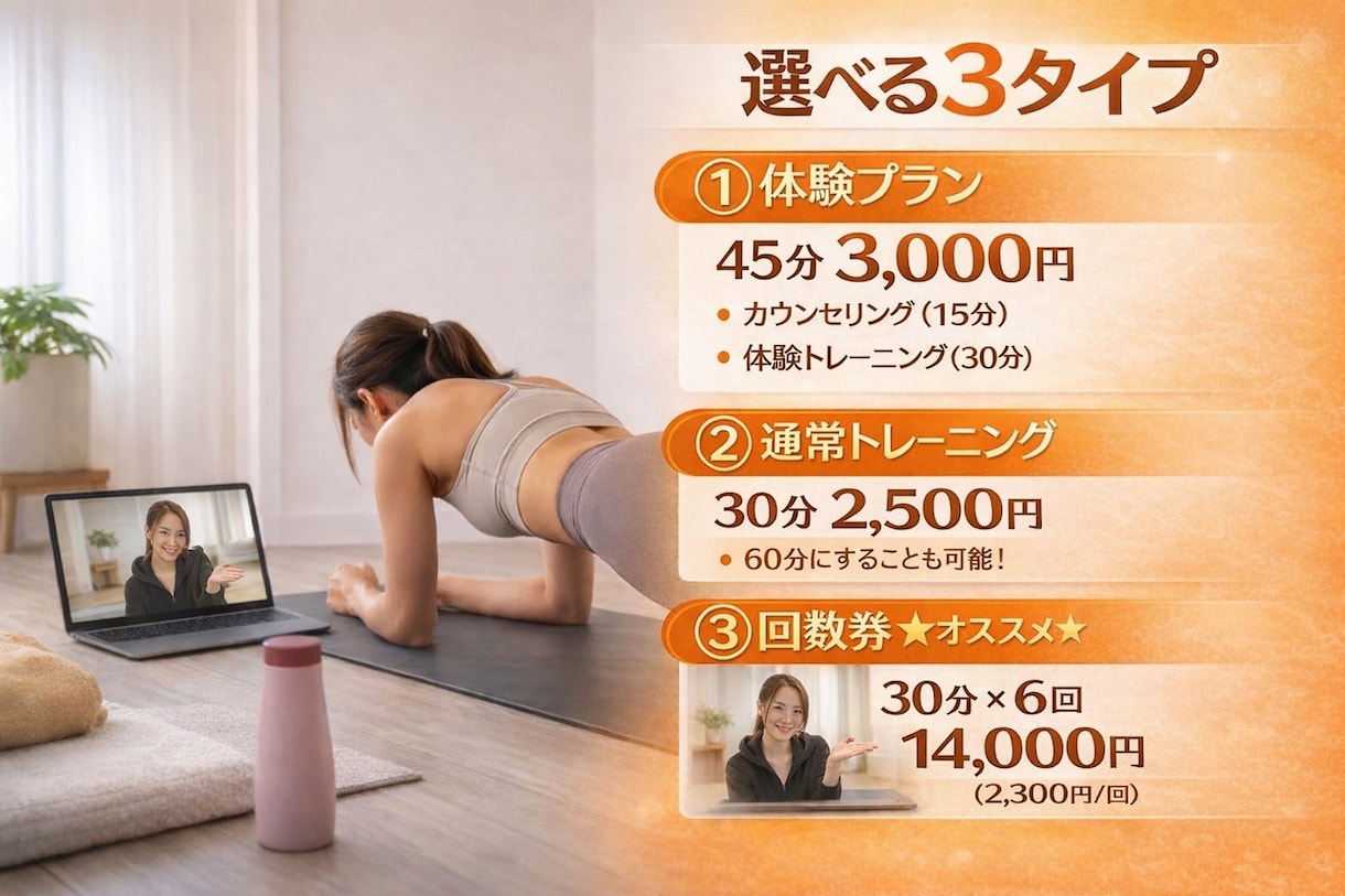 1回30分の単発オンライントレーニングます 一人一人に合わせたメニューを提案しサポート！ イメージ3