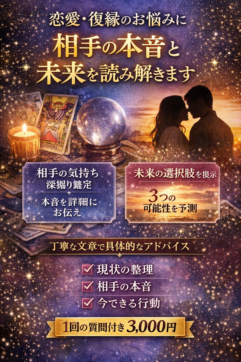 恋愛 鑑定｜相手の気持ちと流れを読み解きます 不安な気持ちを整理し、相手との向き合い方を見つけます。 イメージ1