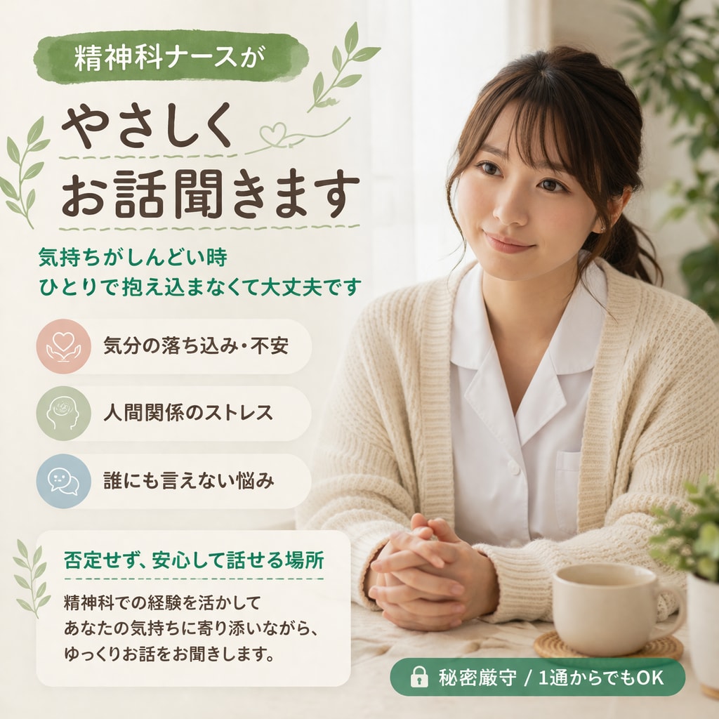しんどい方へ精神科ナースがお話じっくり聞きます しんどいときそっと話せる場所に、安心して話せる場所に… イメージ1