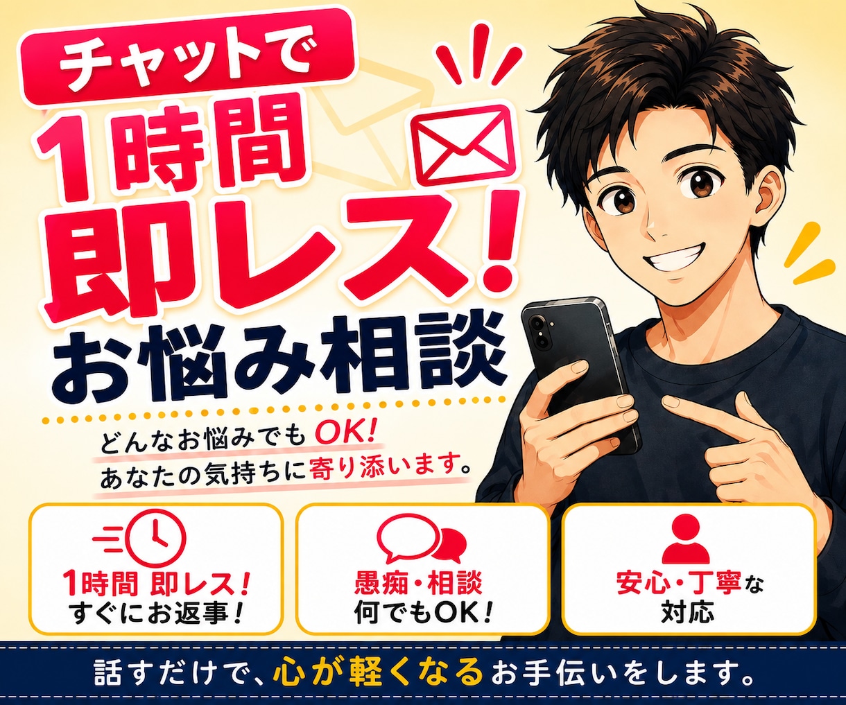 1時間チャットでお話ができます 1時間/即レス/無制限/お悩み/お話し相手/雑談/恋愛相談 イメージ1