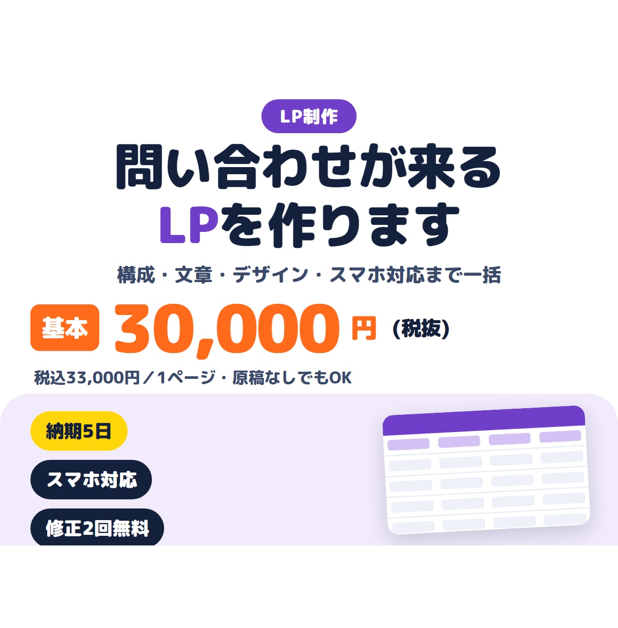軽くて速い1ページサイト・LPを作ります 3万円・原稿なしOK。スマホ対応、公開作業まで一括 イメージ1