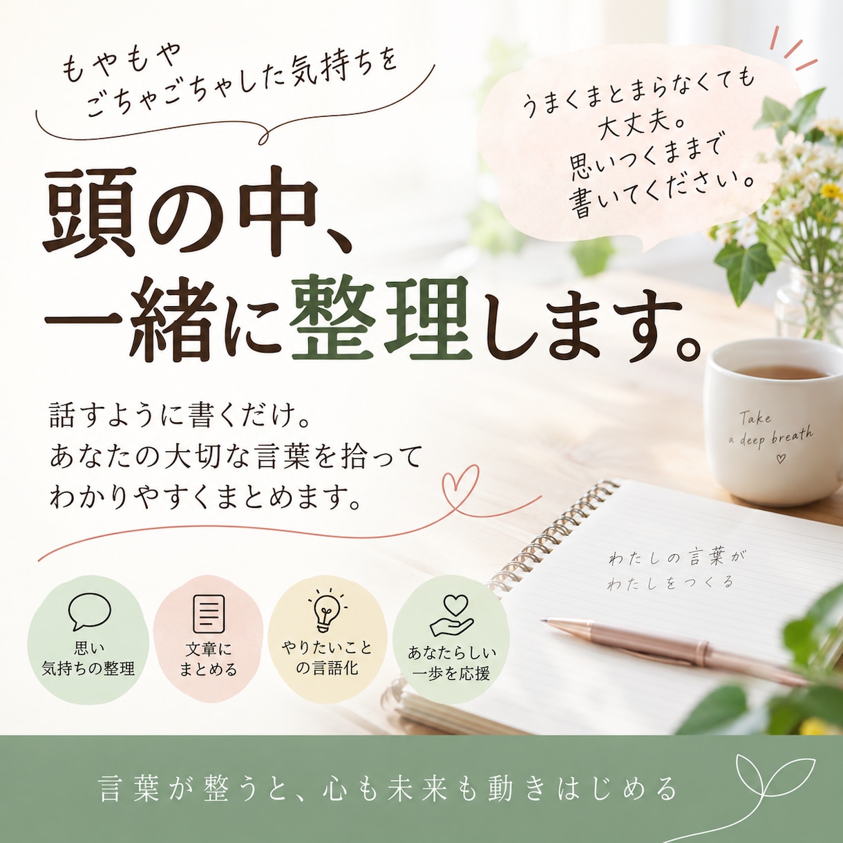 話した内容を整理して、あなたの言葉にまとめます 頭の中のモヤモヤを、伝わる言葉に整理してお渡しします イメージ1