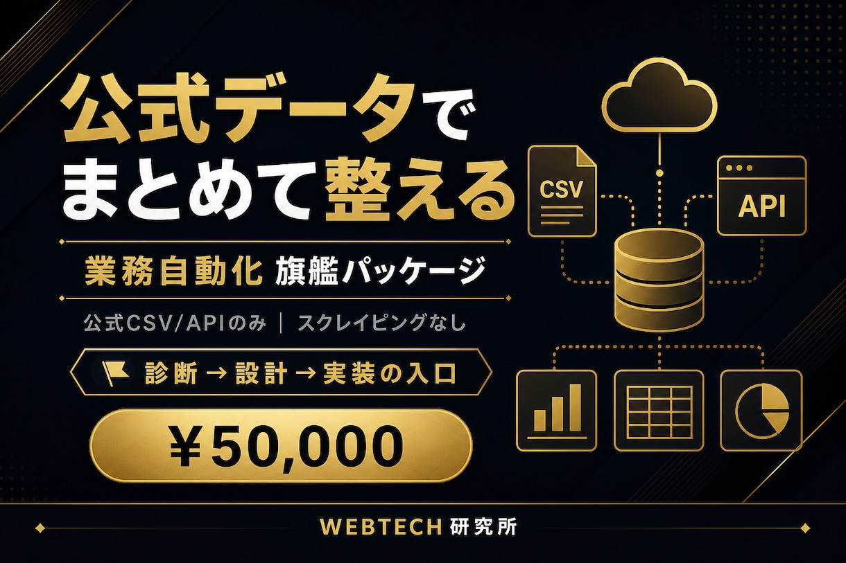 公式データ前提｜業務自動化旗艦パッケージます 公式CSV・API前提でまとめて整えます。 イメージ1