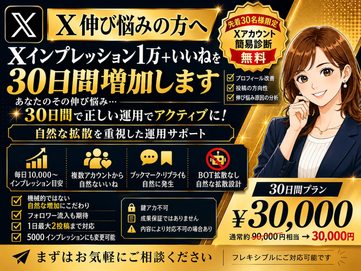 Xインプレッション1万＋いいねを30日間増加します あなたのその伸び悩み…30日間で正しい運用でアクティブに！ イメージ1