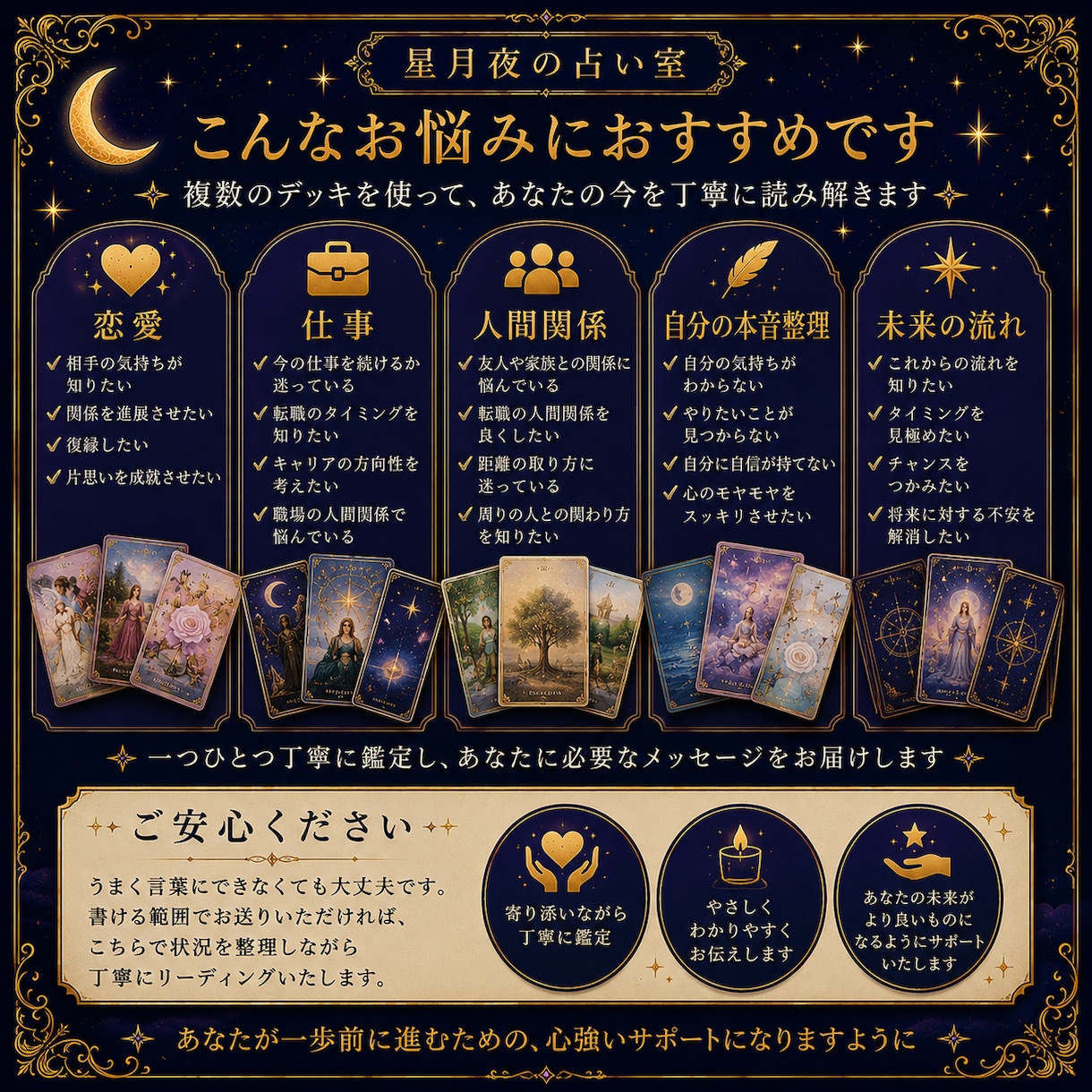 複数デッキで恋愛やお悩みを丁寧に鑑定します 今の状況を深く整理し、次の一歩を一緒に探します イメージ3