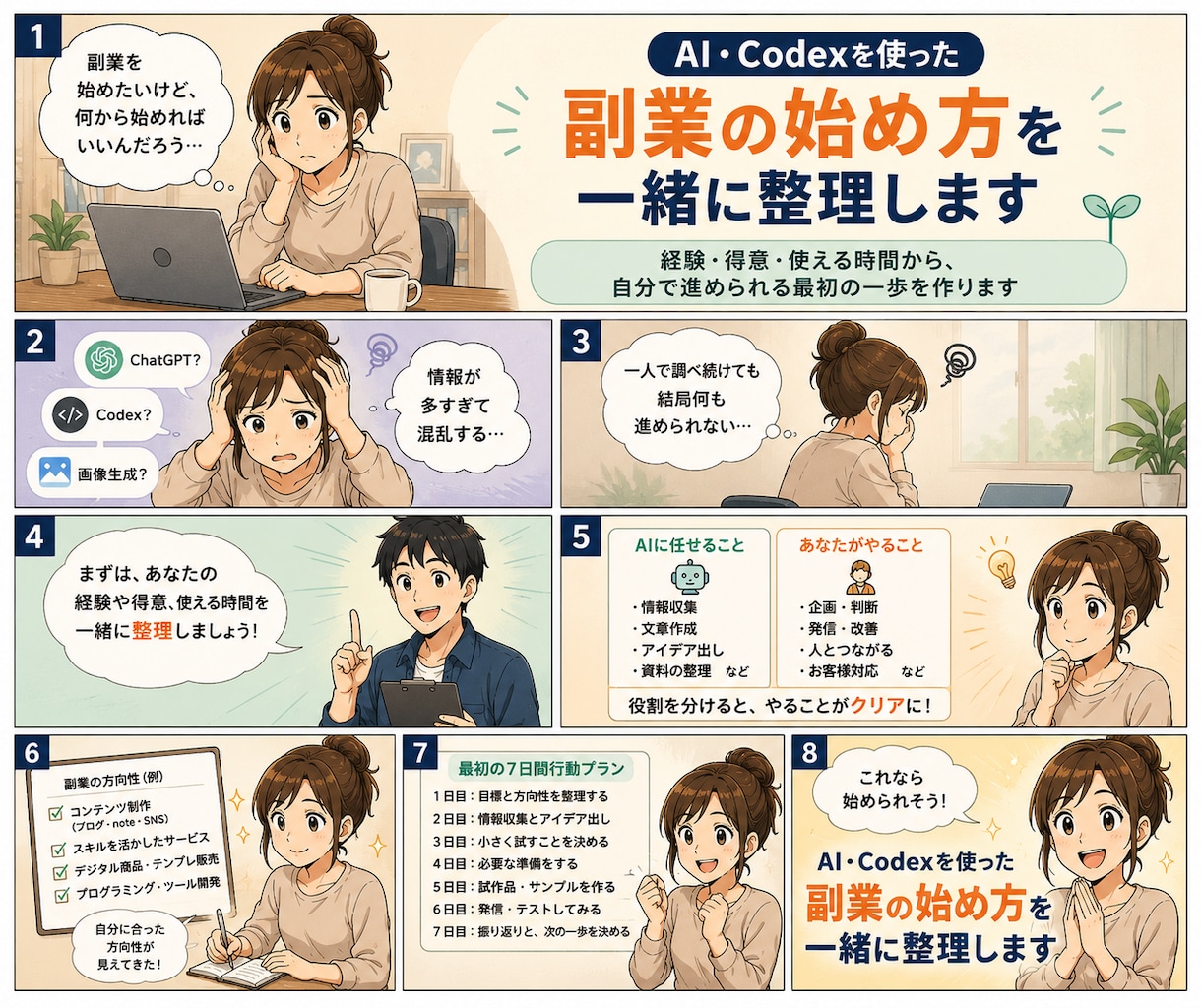 AI・Codexを使った副業の始め方を整理します 経験や得意を整理し、自分で進められる副業の土台を作ります イメージ1
