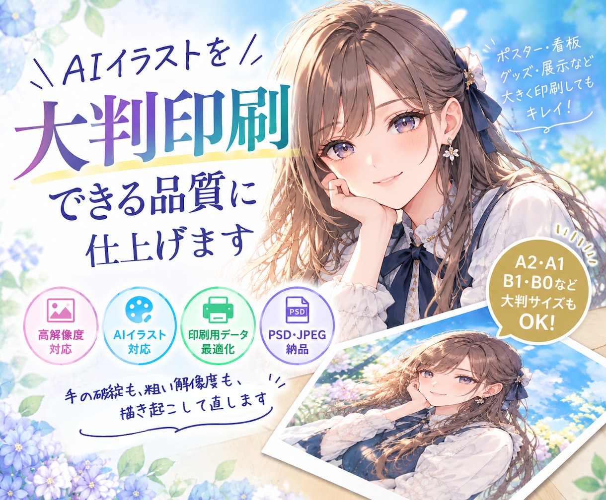 AIイラストを大判印刷できる品質に仕上げます 手の破綻も粗い解像度も。看板・パネル用データに整えます イメージ1
