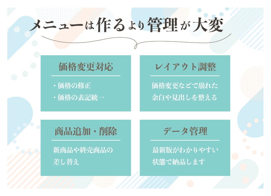 飲食店メニューの価格変更・更新をサポートします 飲食店メニューの値上げ・商品変更にすぐ対応します！ イメージ3
